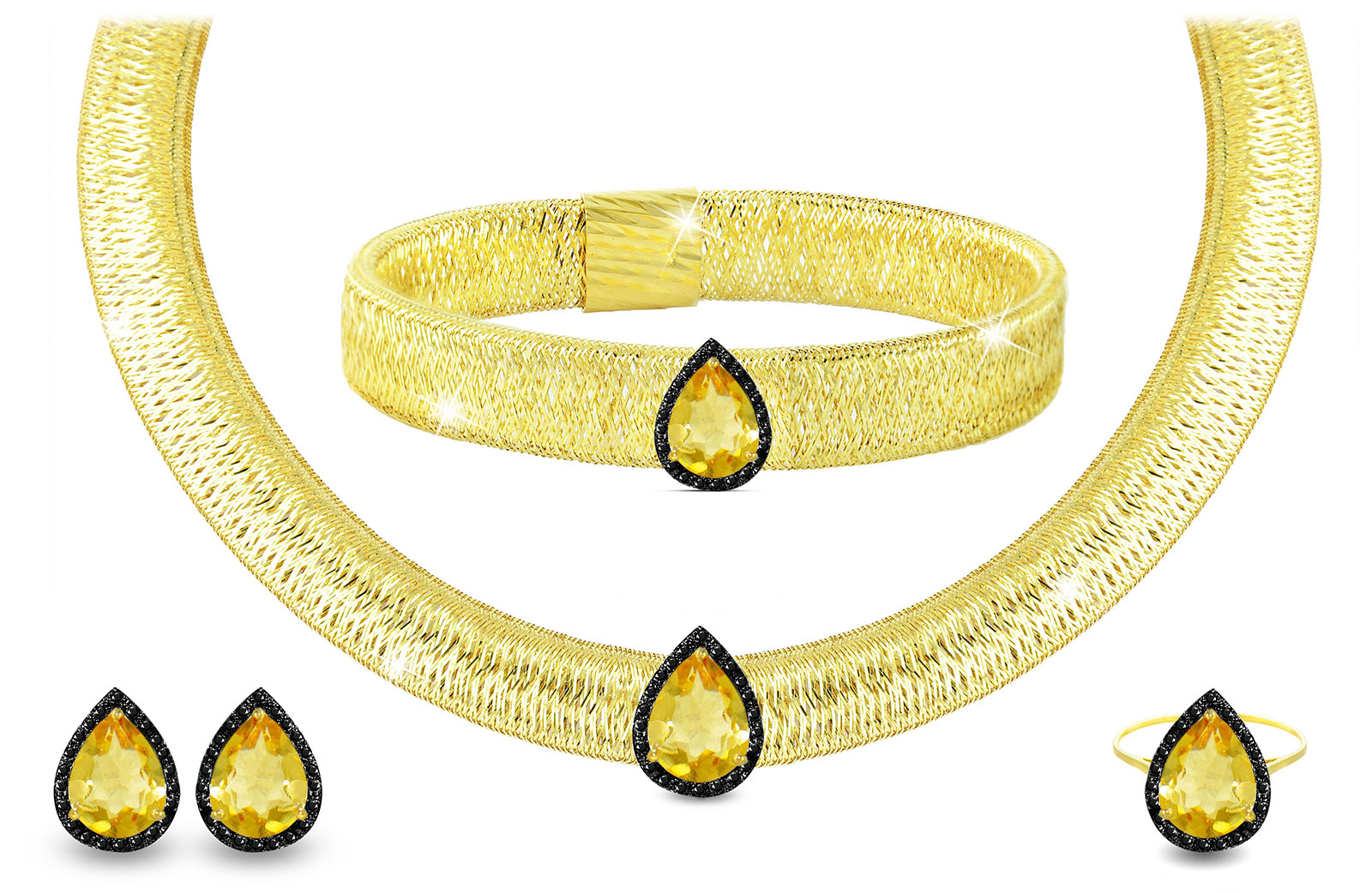 Vera Perla 18K Gold 0.60ct Black Diamonds, Citrine Jewelry Set - 4 pcs. 